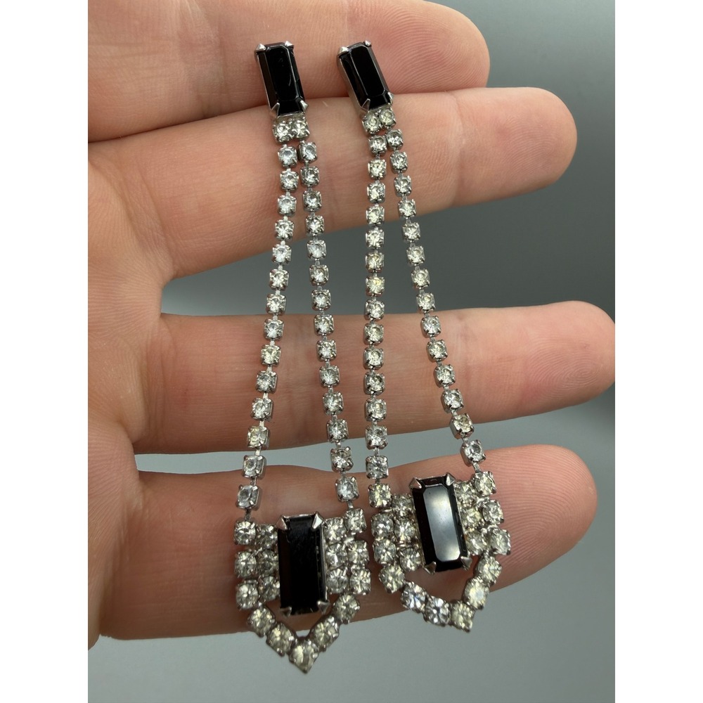 Vintage Art Deco Style Rhinestone Dangle Earrings Black Glass Statement #1106